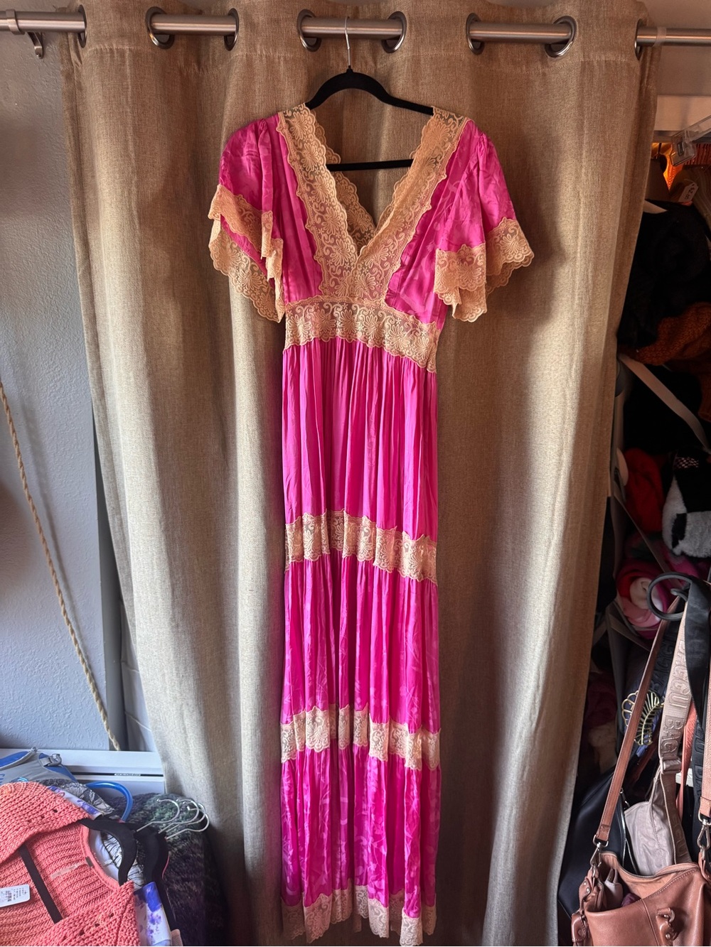 Spell Ocean Gown in Hibiscus Hot Pink Maxi Dress with Cream Lace Trim